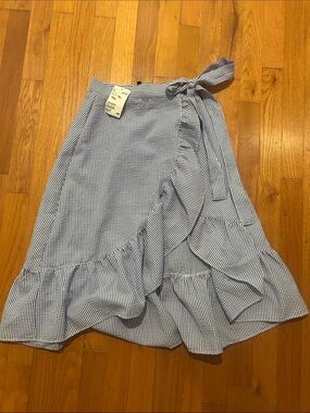 H&M Blue and White Striped Wrap Midi Skirt with Ruffle Hem
